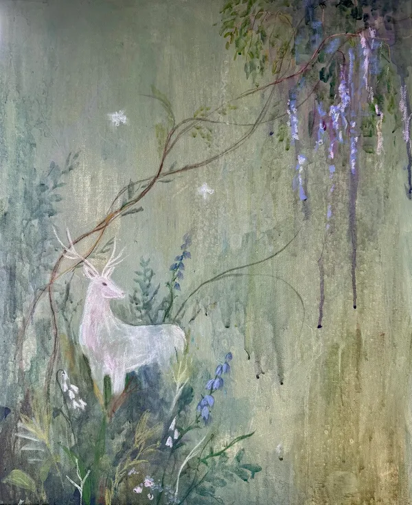 Magical fairytale wall mural painted by Vera Hylands — white stag in a forest of bluebells and wisteria, dreamy translucent layers