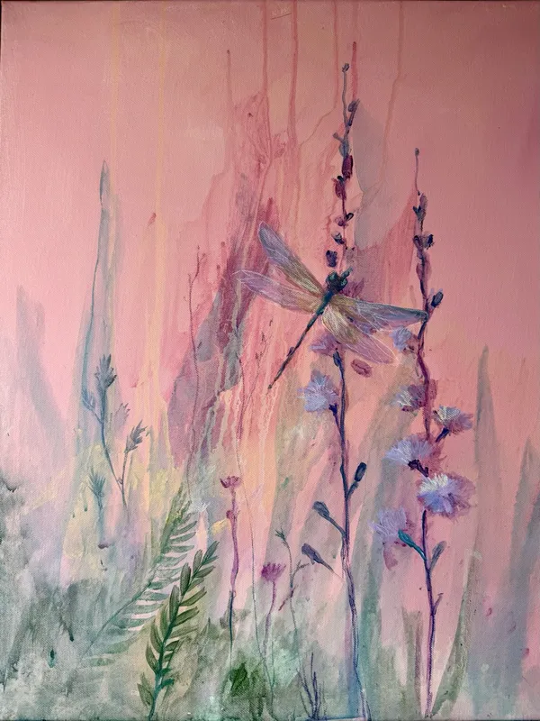 Original painting by Vera Hylands — a dragonfly resting on wildflowers against a soft pink sky, in translucent layers of acrylic
