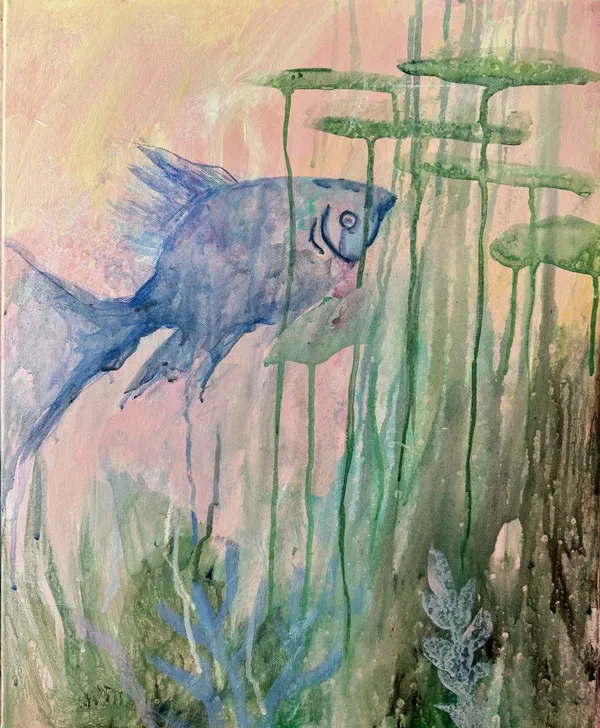 Original painting by Vera Hylands — a blue angelfish drifting through painted water weeds in soft pink and green washes