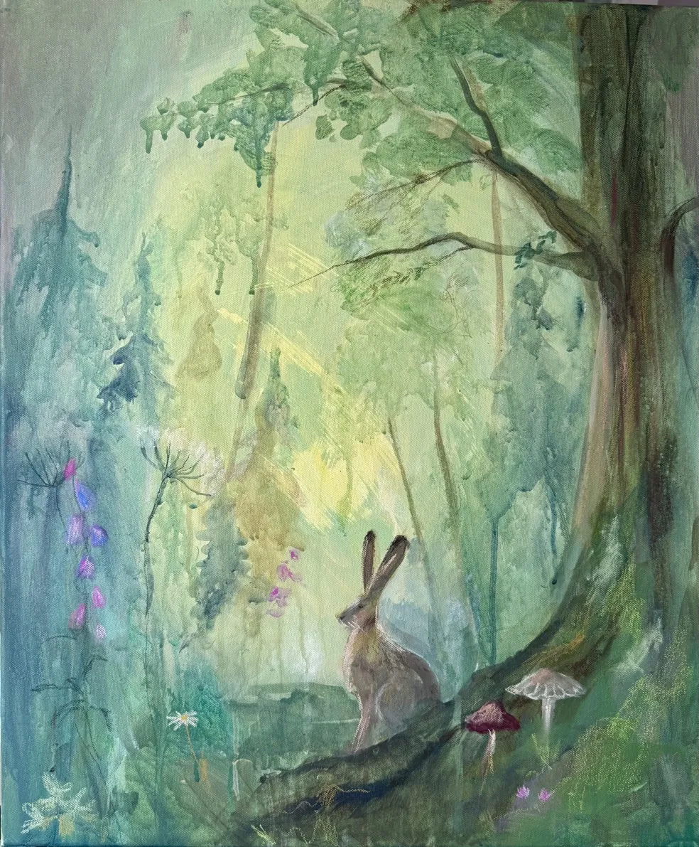 Original painting by Vera Hylands — a hare resting in a glowing green woodland with foxgloves, ferns and toadstools, in translucent dreamy layers