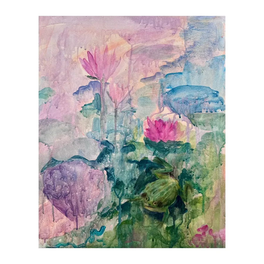 Original water lily painting by Vera Hylands titled 'Whispers of the Pond' — pink water lilies and a watchful frog in soft translucent layers of acrylic on canvas
