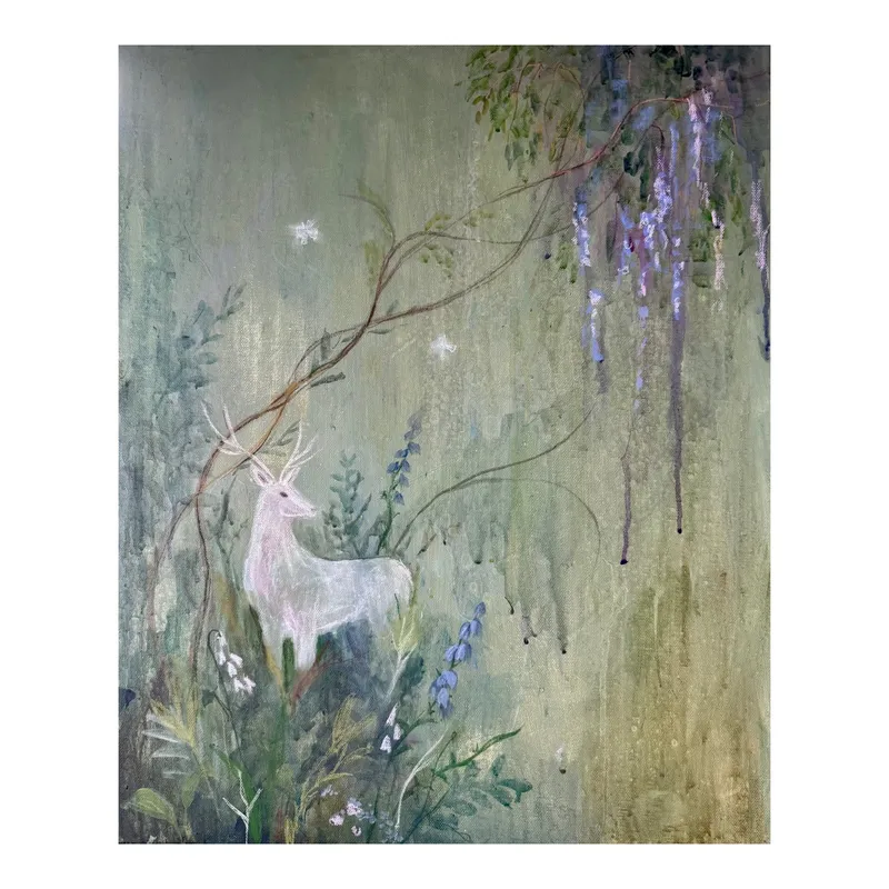Original fairytale painting by Vera Hylands titled 'White Stag' — a luminous white stag in an enchanted forest of mossy greens, bluebells and cascading wisteria, painted in soft translucent layers of acrylic on canvas