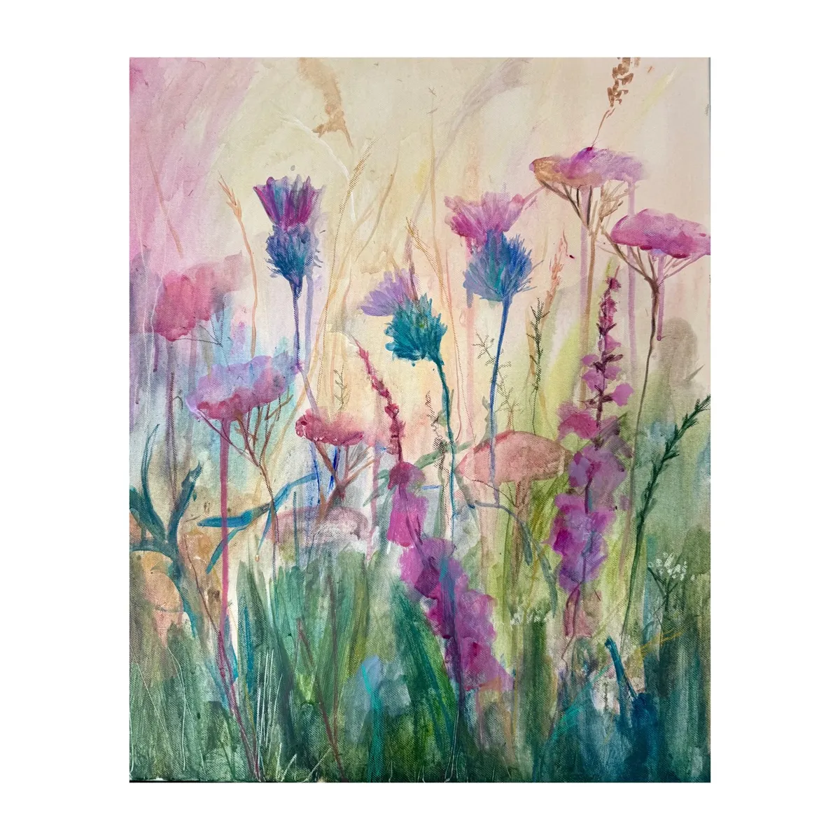 Original painting by Vera Hylands titled 'Summer Meadow' — a wildflower meadow in summer with pink, purple and teal blooms in soft layers of transparent acrylic on canvas