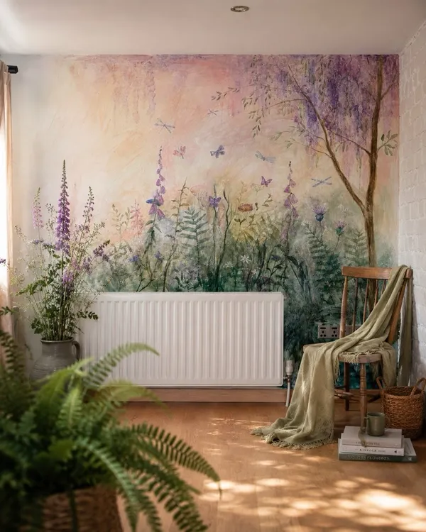 Forest wall mural painted by Vera Hylands — translucent foxgloves, ferns and a willow tree in soft pink and sage layers