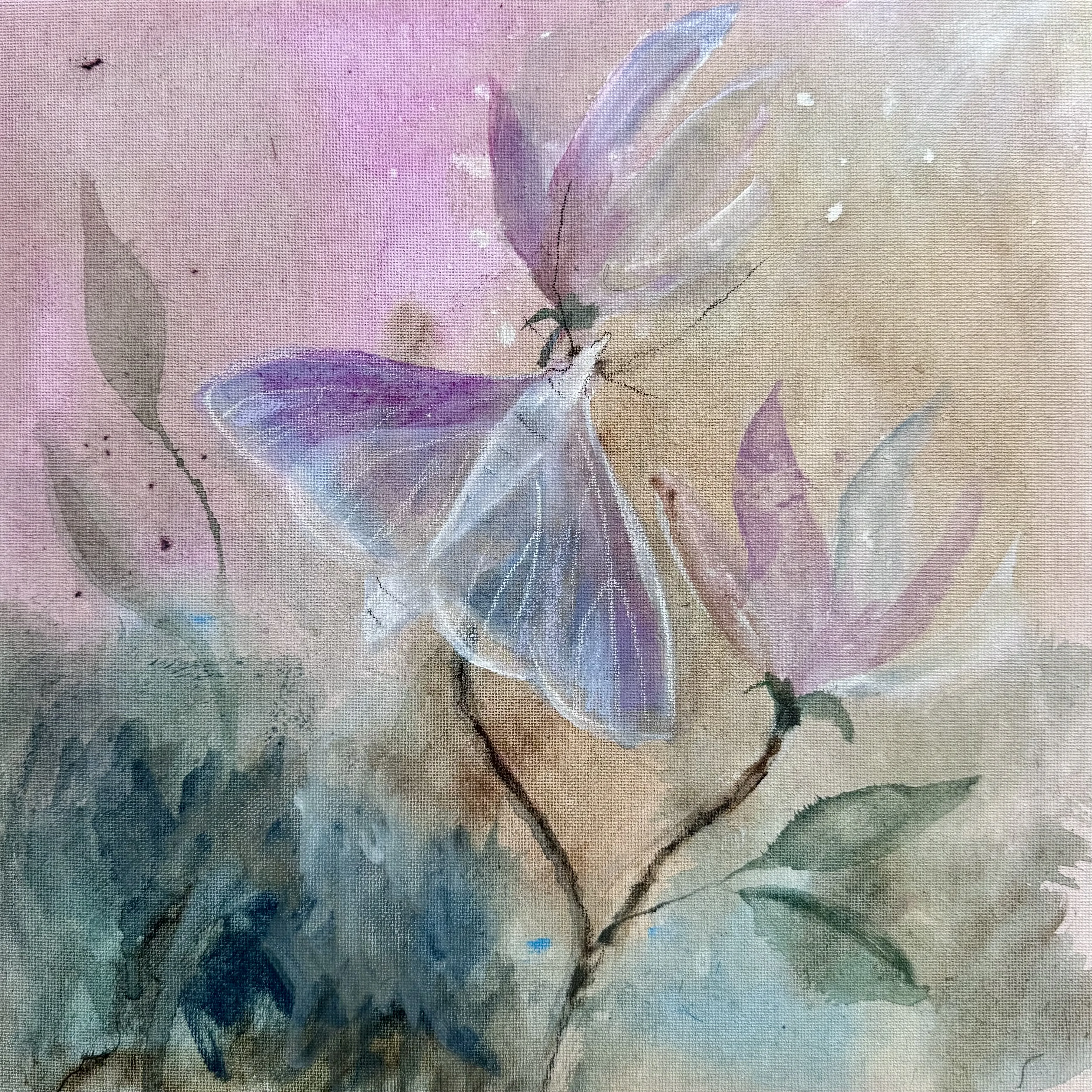 Magical moth mural painted by Vera Hylands — translucent magnolia and butterfly in soft purple and blue layers