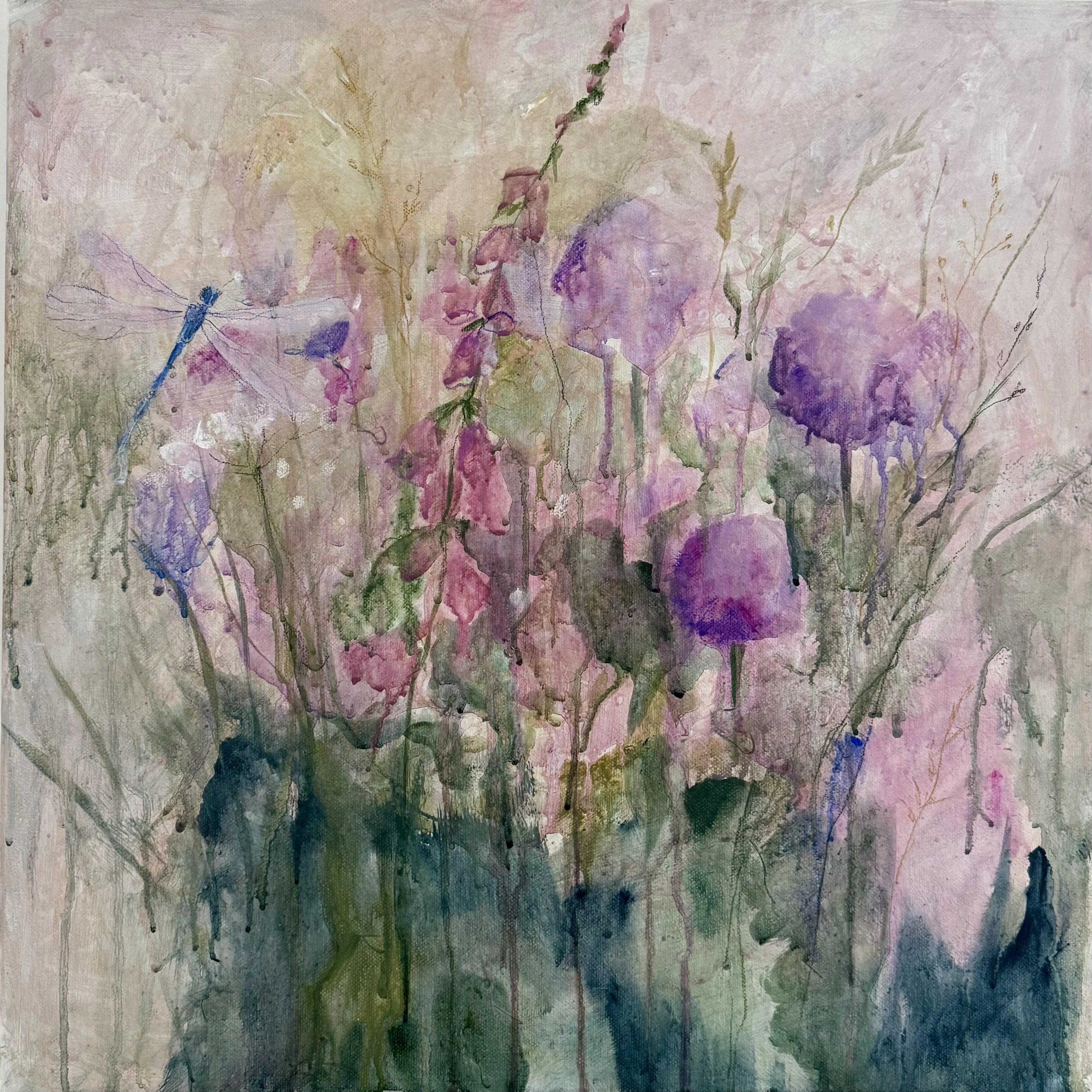 Botanical foxglove mural painted by Vera Hylands — purple foxgloves and a dragonfly in translucent watercolour layers