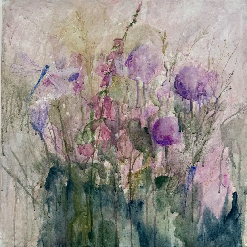 Botanical detail of an original painting by Vera Hylands — soft foxgloves and a dragonfly in translucent watercolour layers