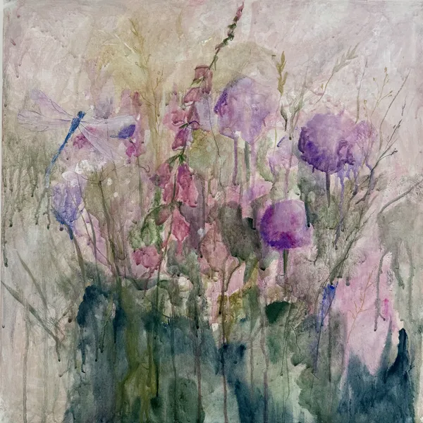 Botanical foxglove mural painted by Vera Hylands — purple foxgloves and a dragonfly in translucent watercolour layers