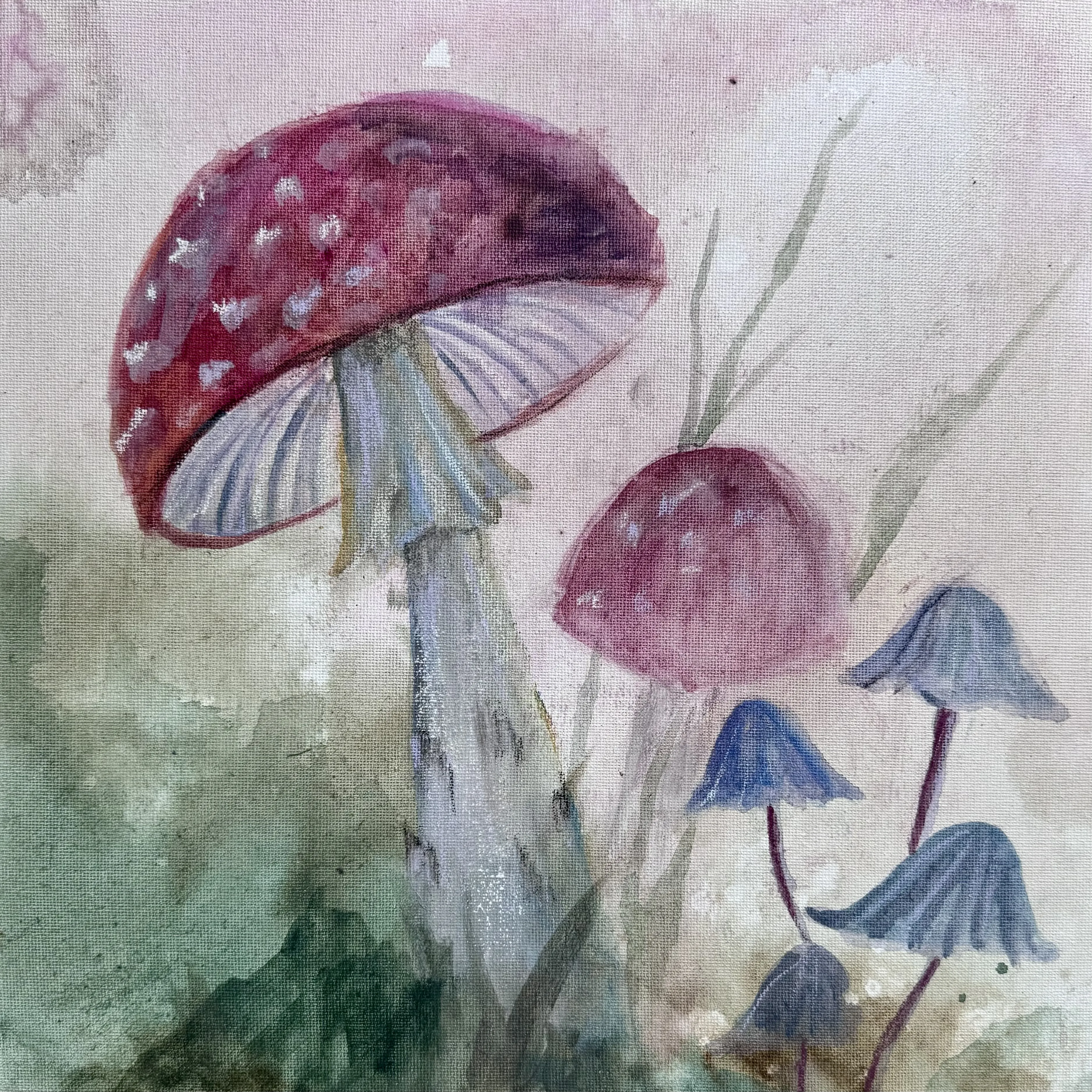 Fairytale mushroom mural painted by Vera Hylands — fly agaric and woodland mushrooms in dreamy painterly style
