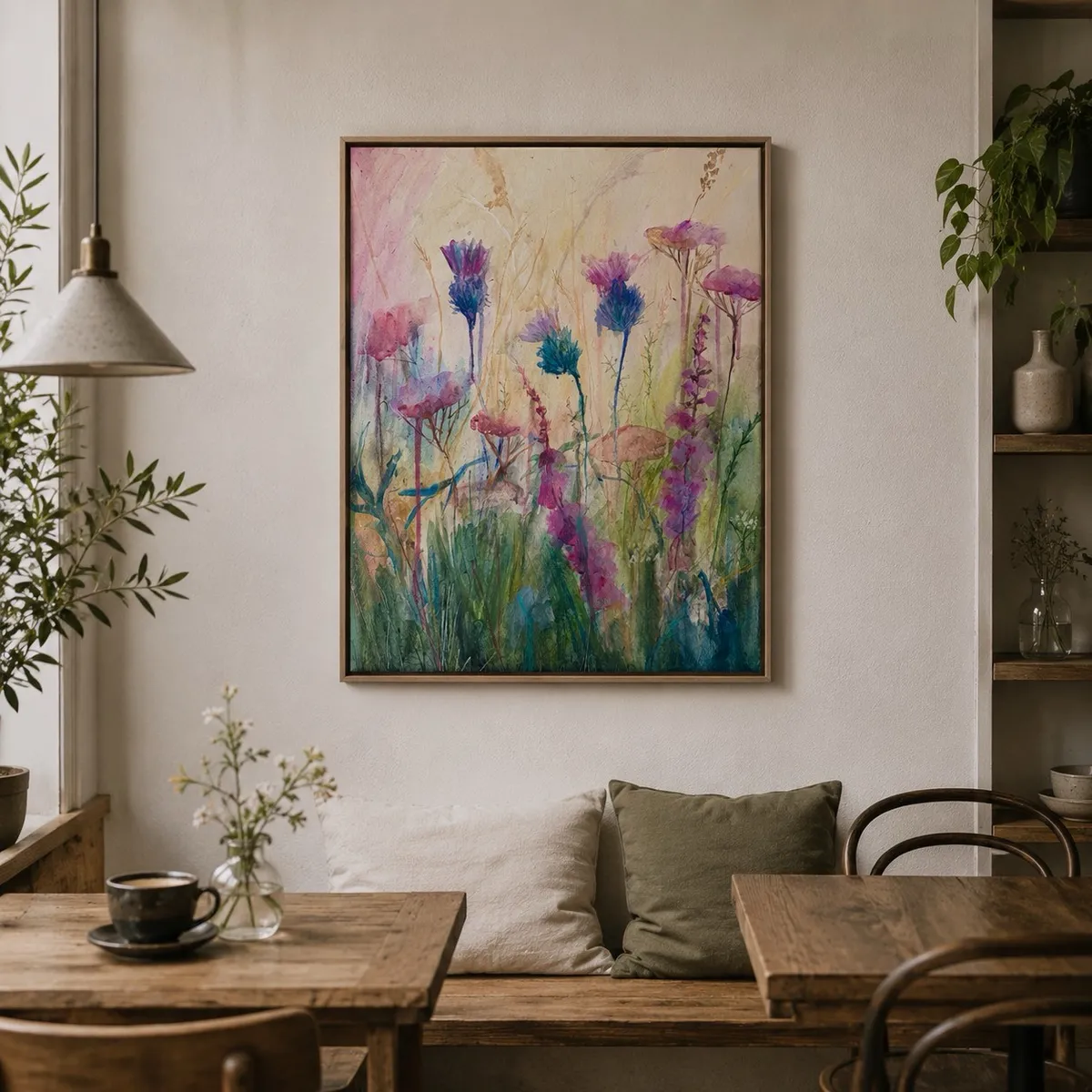 Summer Meadow framed in a wooden frame, hung above a wooden bench with linen cushions in a warm dining nook