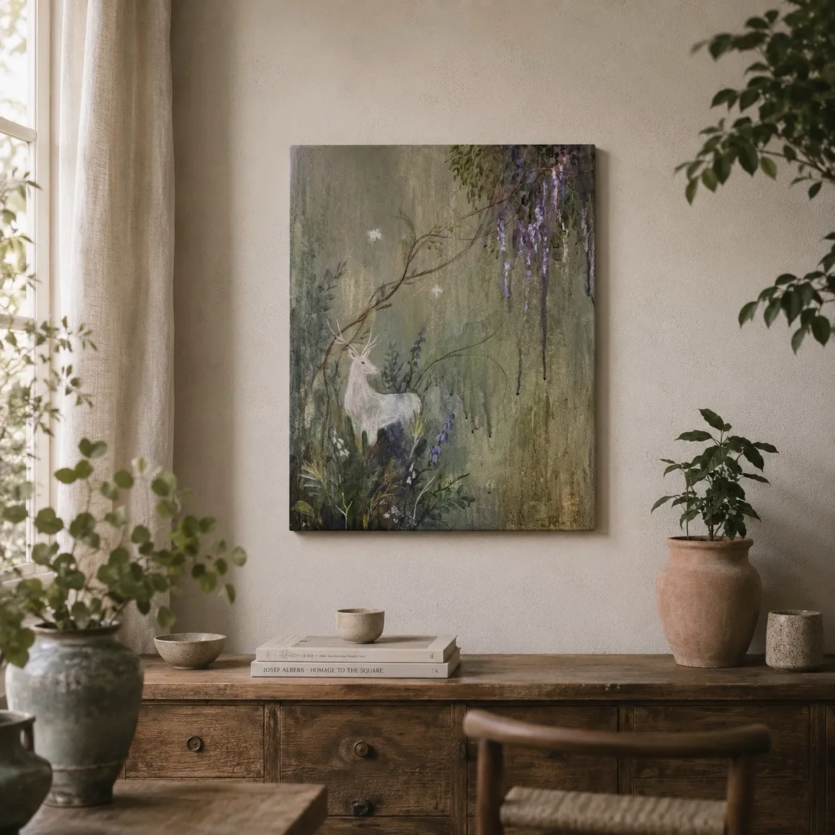 White Stag unframed on canvas, hung above a wooden console with terracotta pots and trailing greenery