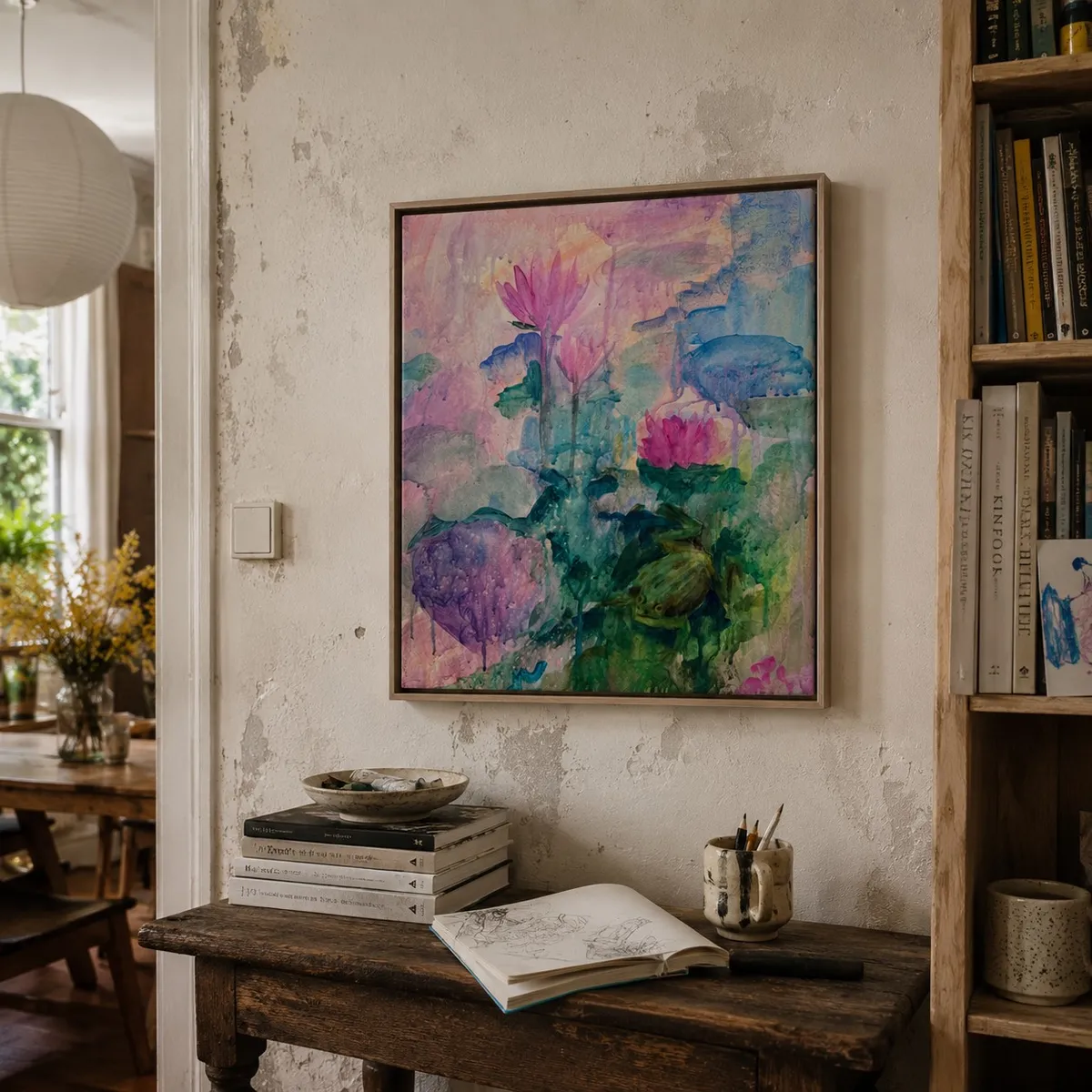 Whispers of the Pond shown in a warm wooden frame on a textured plaster wall beside a wooden bookshelf, with a sketchbook and paintbrushes on the table below