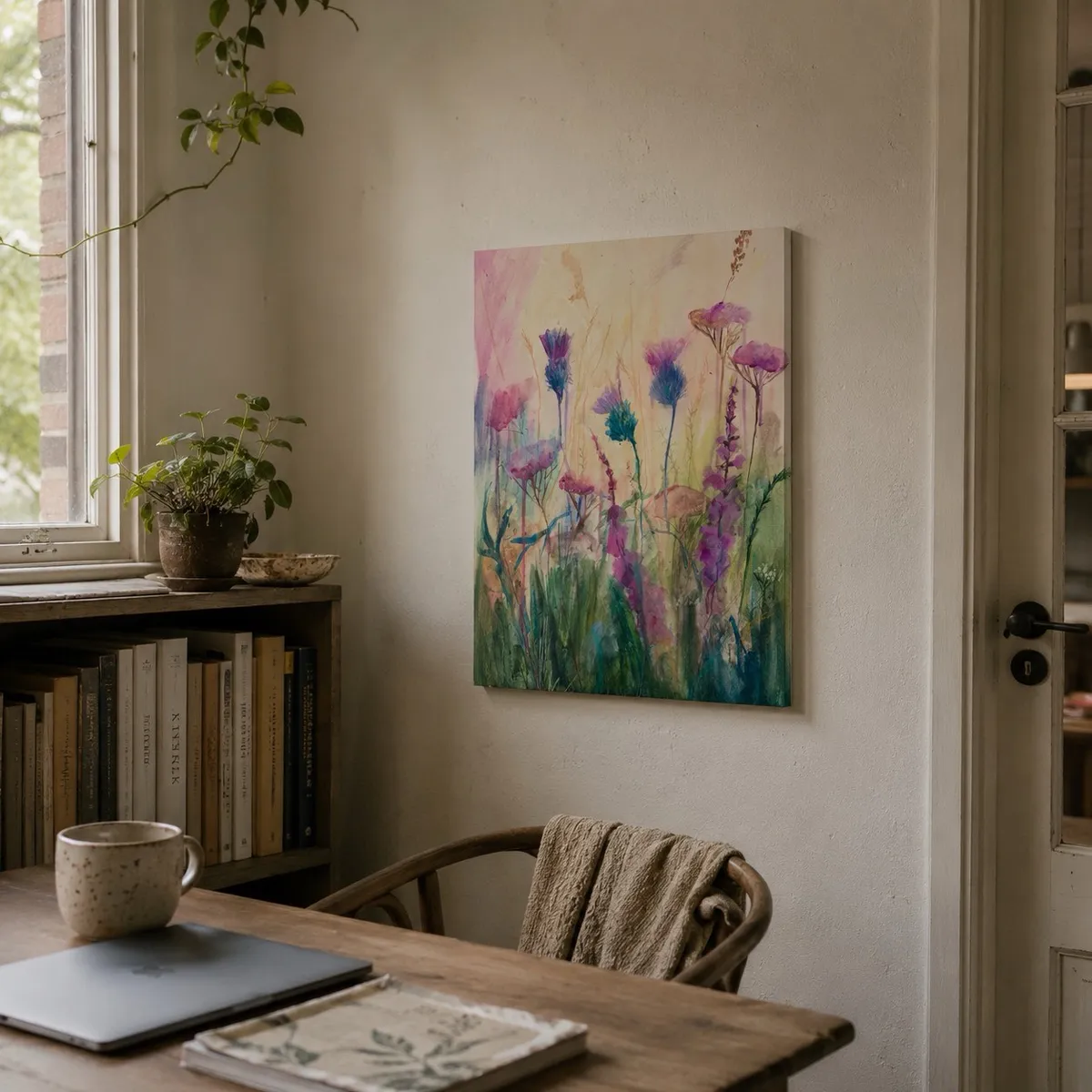 Summer Meadow shown in a softly-lit room with greenery and a bookshelf nearby