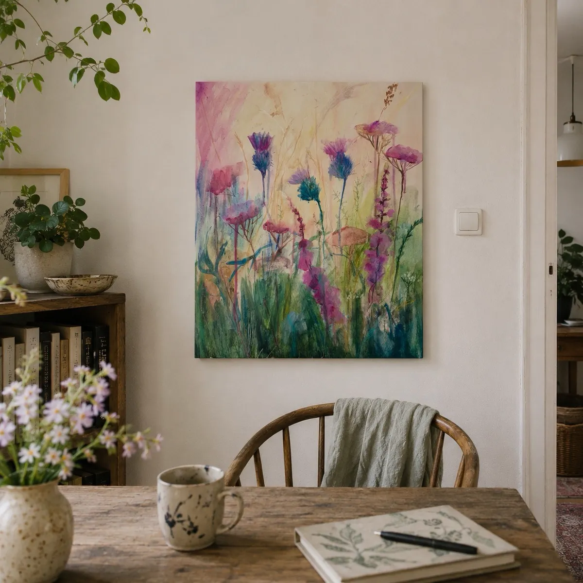 Summer Meadow hung beside a window with daisies on the table below