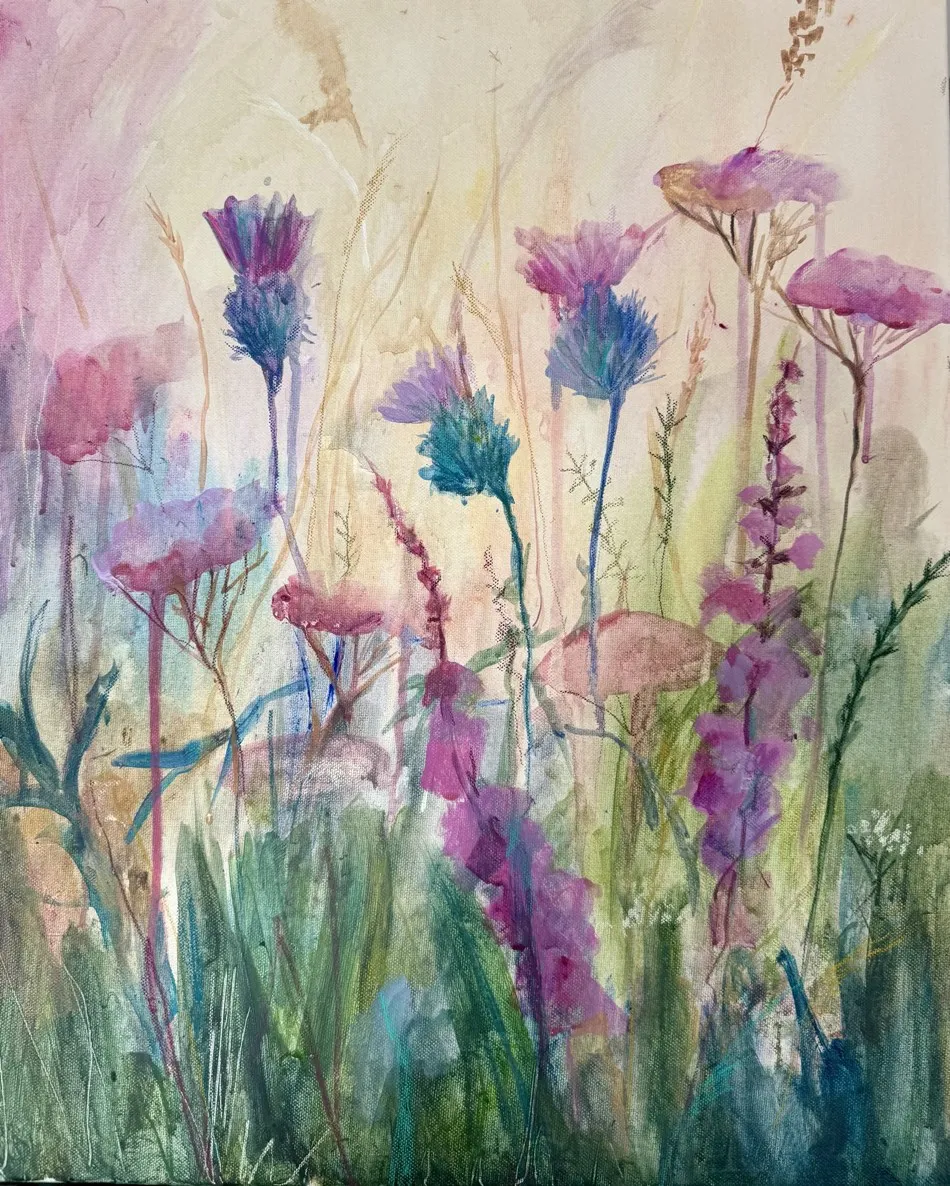 Original painting by Vera Hylands titled Summer Meadow — a wildflower meadow with pink, purple and teal blooms in transparent layers